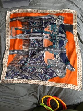 Luxury 100% Silk Square Scarf - Orange Equestrian Saddle